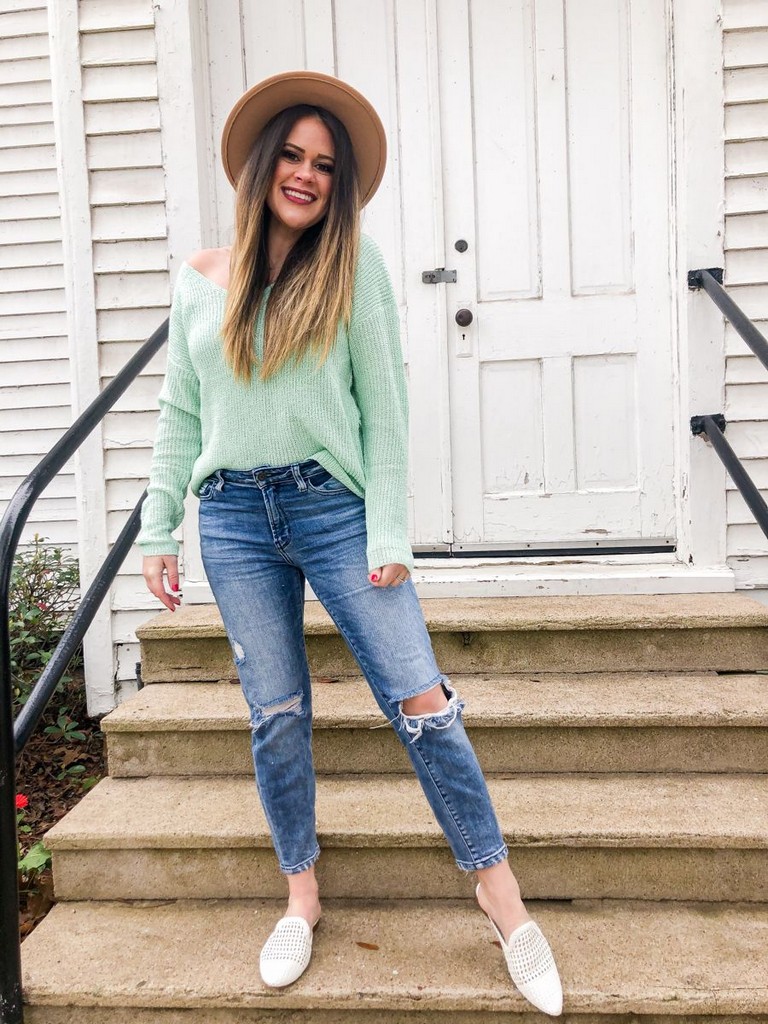 Mint green top with blue denim